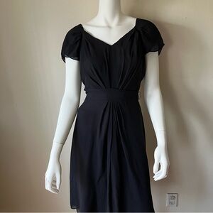 NWT Talbots black silk vneck dress w/flutter shoulder, pleated front, self belt